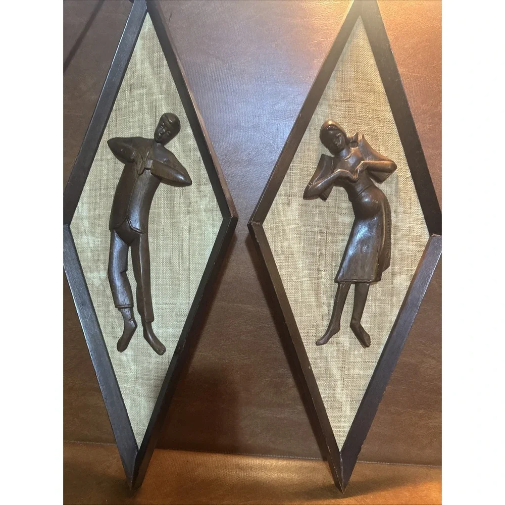 Vintage Mid Century Style Carved Wall Art Burlap Teak Wood 24